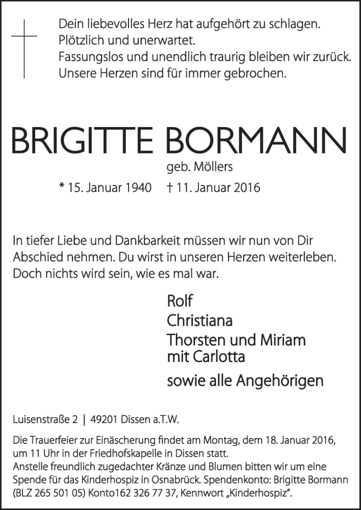  Traueranzeige für Brigitte Bormann vom 15.01.2016 aus Neue Osnabrücker Zeitung GmbH & Co. KG