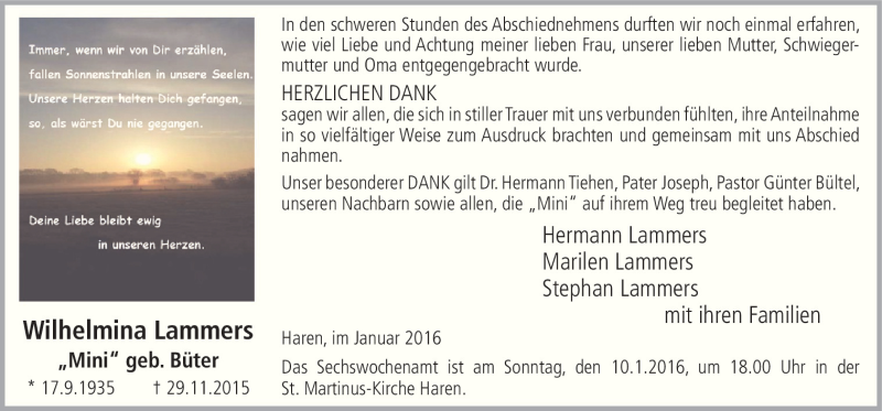  Traueranzeige für Wilhelmina Lammers vom 06.01.2016 aus Neue Osnabrücker Zeitung GmbH & Co. KG