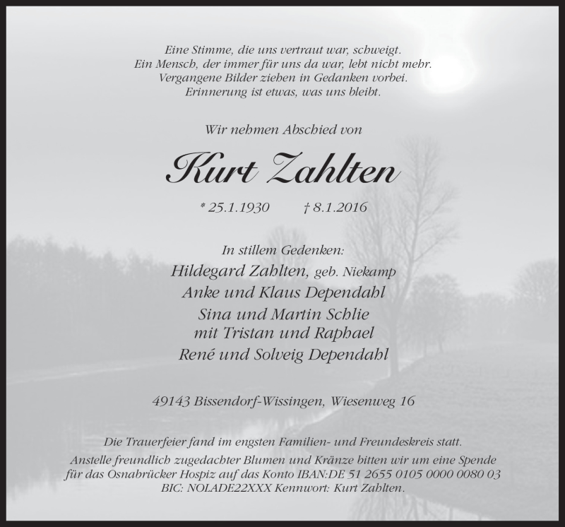  Traueranzeige für Kurt Zahlten vom 14.01.2016 aus Neue Osnabrücker Zeitung GmbH & Co. KG