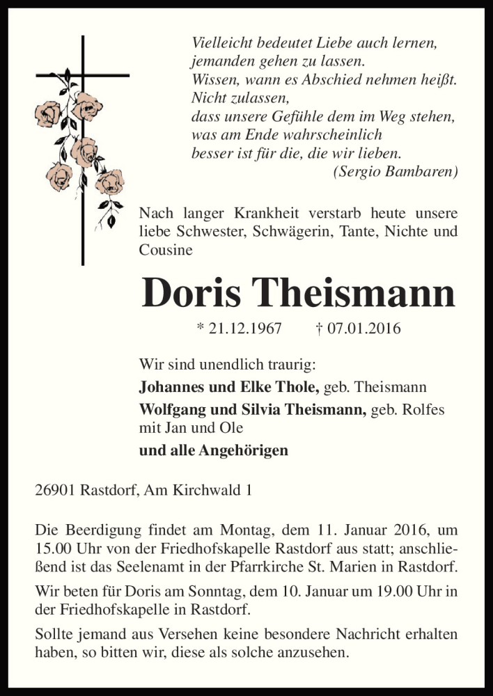  Traueranzeige für Doris Theismann vom 11.01.2016 aus Neue Osnabrücker Zeitung GmbH & Co. KG