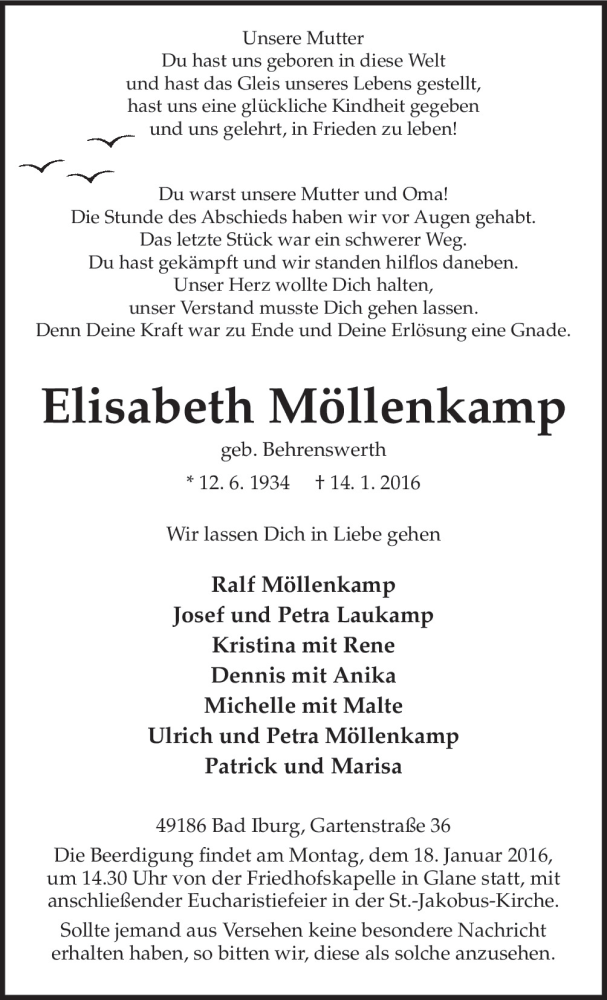  Traueranzeige für Elisabeth Möllenkamp vom 16.01.2016 aus Neue Osnabrücker Zeitung GmbH & Co. KG