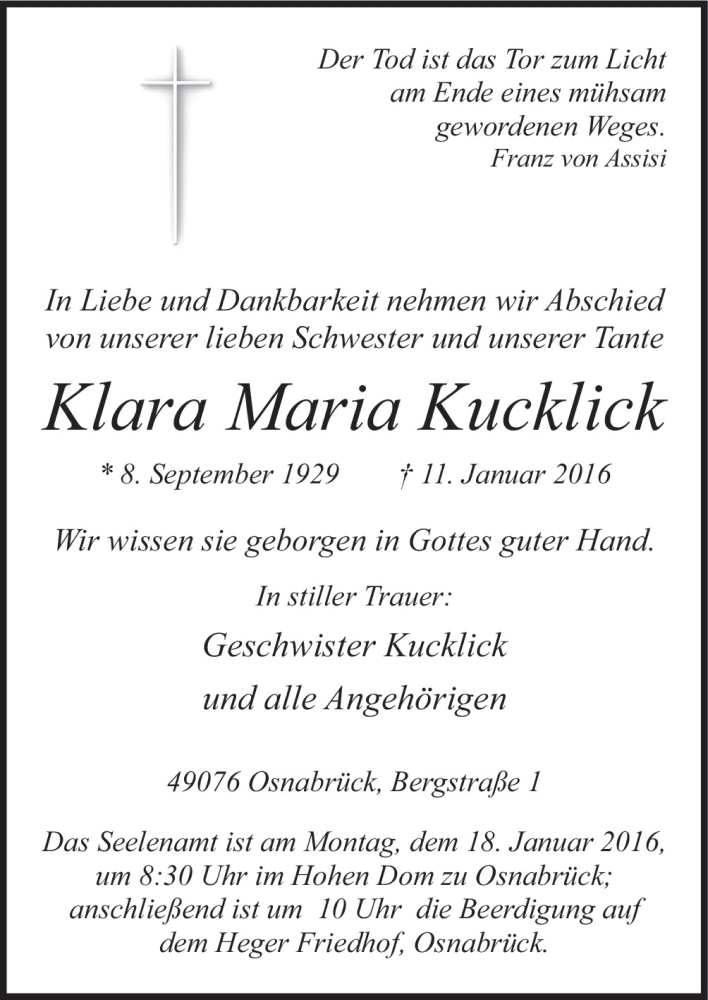  Traueranzeige für Klara Maria Kucklick vom 14.01.2016 aus Neue Osnabrücker Zeitung GmbH & Co. KG