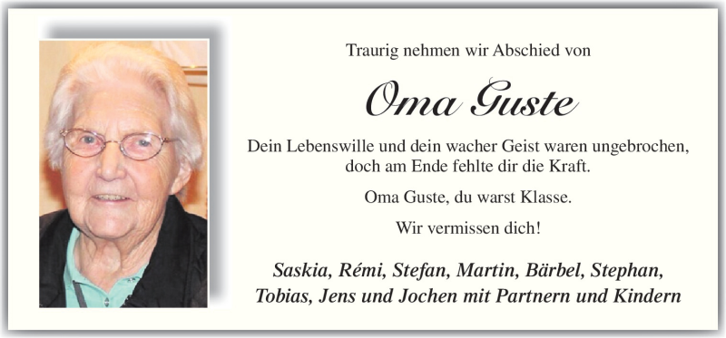  Traueranzeige für Guste  vom 07.01.2016 aus Neue Osnabrücker Zeitung GmbH & Co. KG