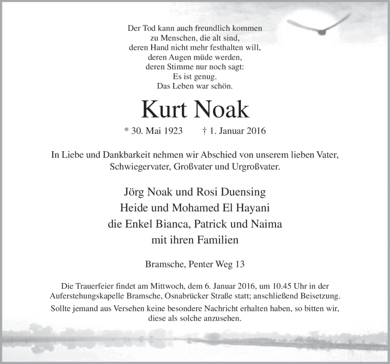  Traueranzeige für Kurt Noak vom 04.01.2016 aus Neue Osnabrücker Zeitung GmbH & Co. KG