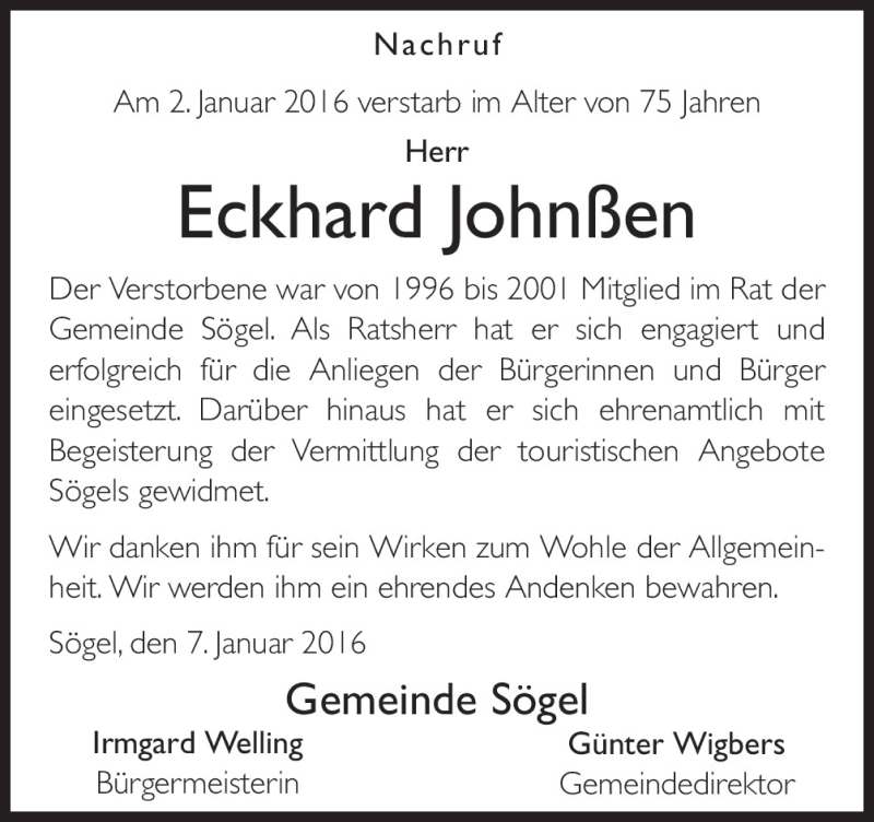  Traueranzeige für Eckhard Johnßen vom 07.01.2016 aus Neue Osnabrücker Zeitung GmbH & Co. KG