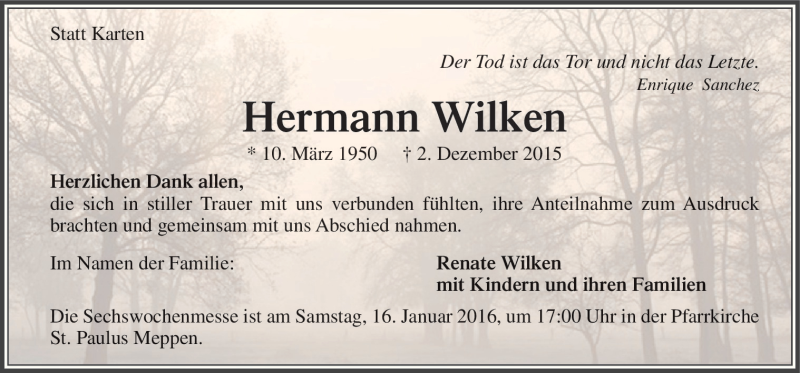  Traueranzeige für Hermann Wilken vom 09.01.2016 aus Neue Osnabrücker Zeitung GmbH & Co. KG