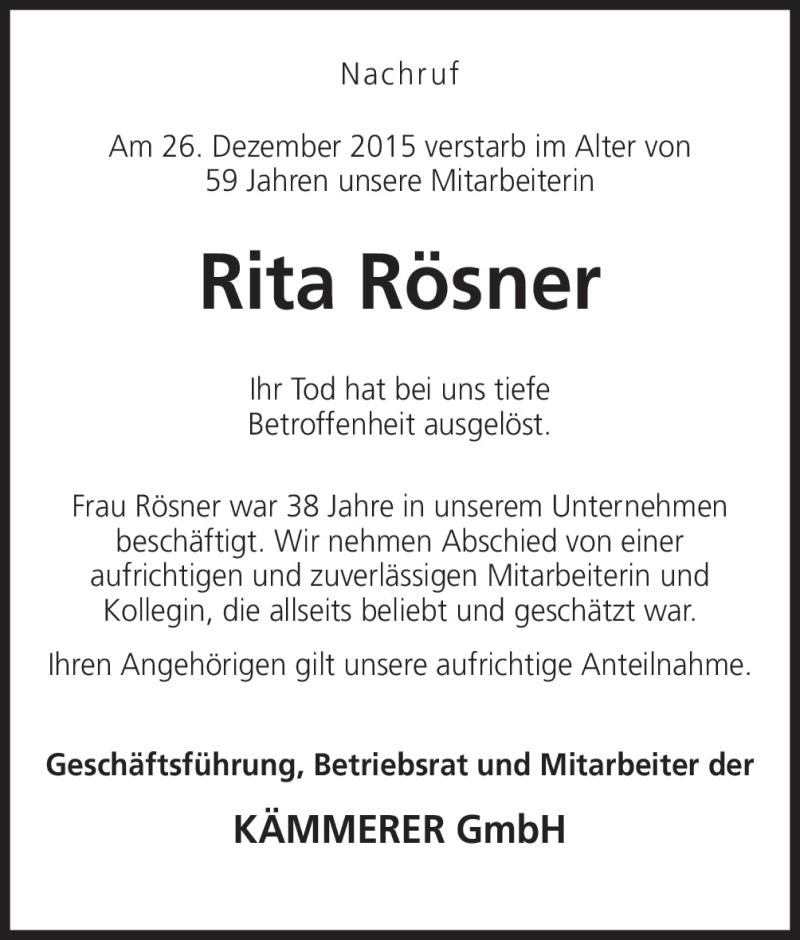  Traueranzeige für Rita Rösner vom 02.01.2016 aus Neue Osnabrücker Zeitung GmbH & Co. KG