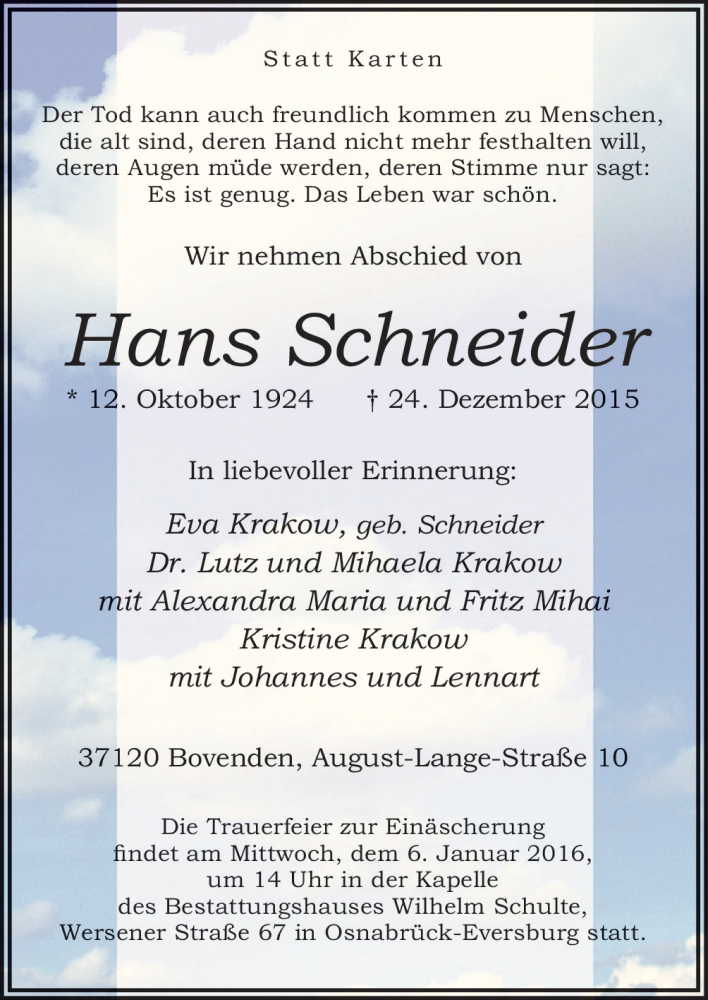  Traueranzeige für Hans Schneider vom 02.01.2016 aus Neue Osnabrücker Zeitung GmbH & Co. KG