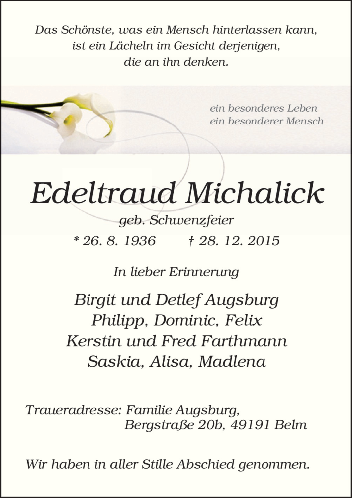  Traueranzeige für Edeltraud Michalick vom 02.01.2016 aus Neue Osnabrücker Zeitung GmbH & Co. KG