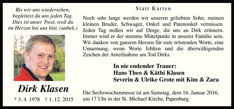  Traueranzeige für Dirk Klasen vom 14.01.2016 aus Neue Osnabrücker Zeitung GmbH & Co. KG