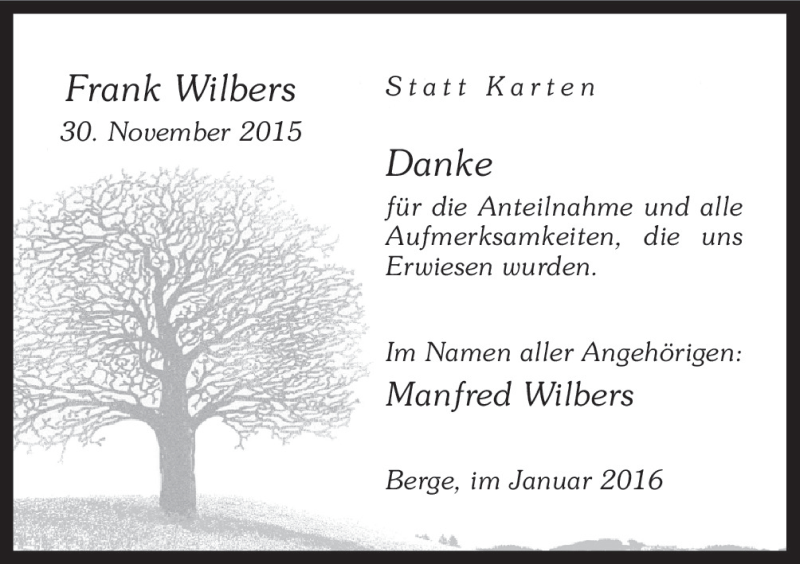  Traueranzeige für Frank Wilbers vom 09.01.2016 aus Neue Osnabrücker Zeitung GmbH & Co. KG