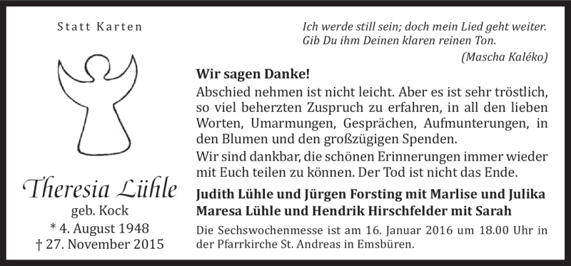  Traueranzeige für Theresia Lühle vom 13.01.2016 aus Neue Osnabrücker Zeitung GmbH & Co. KG