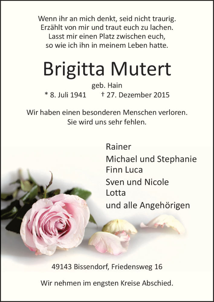  Traueranzeige für Brigitta Mutert vom 05.01.2016 aus Neue Osnabrücker Zeitung GmbH & Co. KG