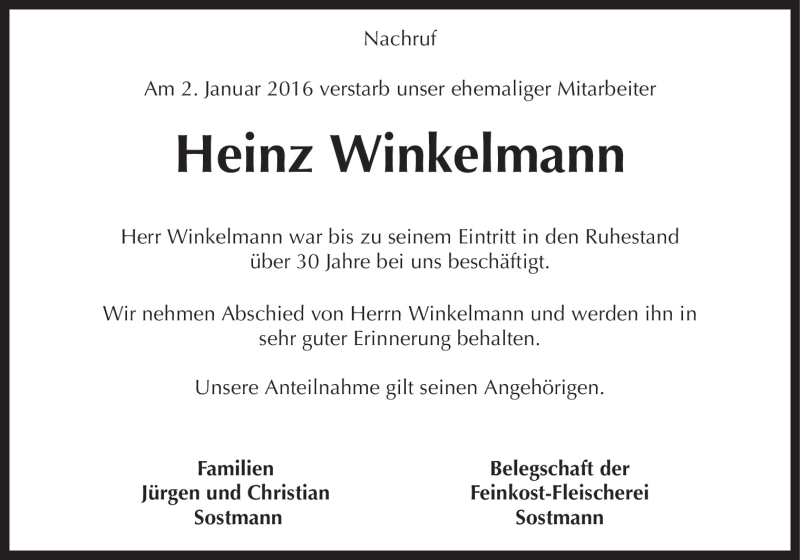  Traueranzeige für Heinz Winkelmann vom 05.01.2016 aus Neue Osnabrücker Zeitung GmbH & Co. KG