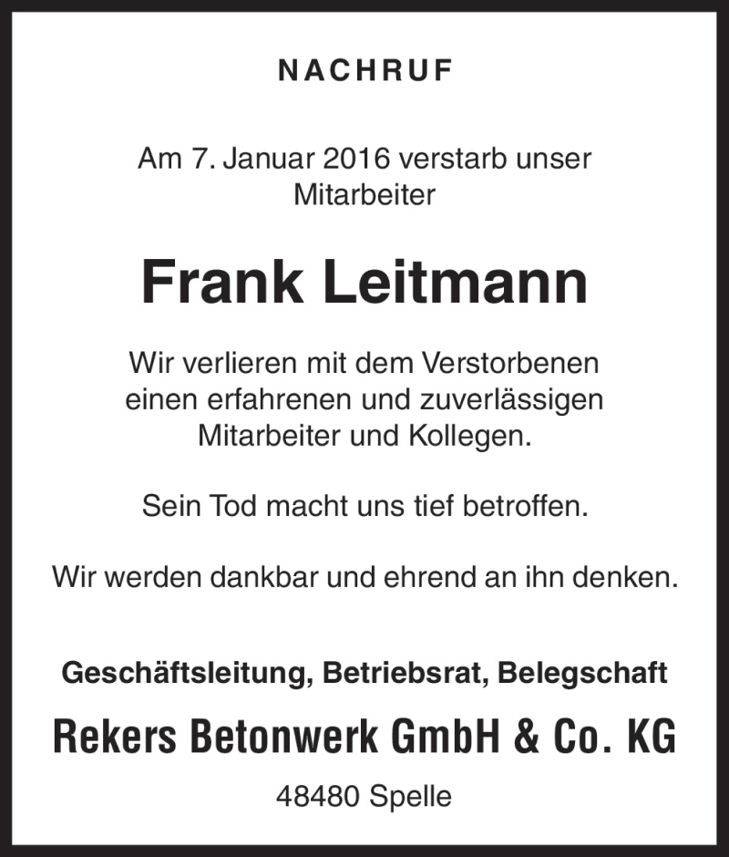  Traueranzeige für Frank Leitmann vom 14.01.2016 aus Neue Osnabrücker Zeitung GmbH & Co. KG