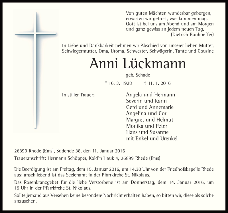 Traueranzeige für Anni Lückmann vom 13.01.2016 aus Neue Osnabrücker Zeitung GmbH & Co. KG