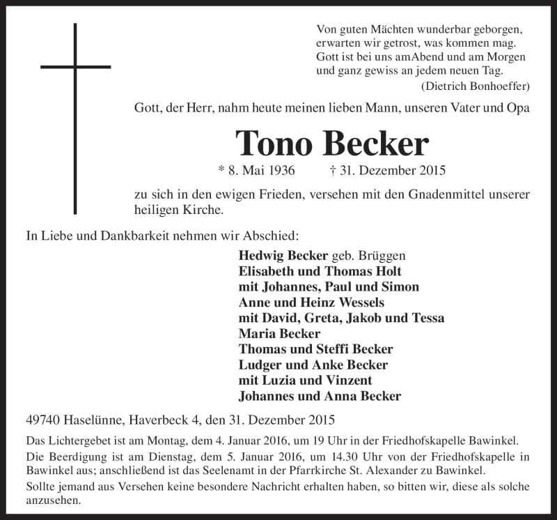  Traueranzeige für Tono Becker vom 04.01.2016 aus Neue Osnabrücker Zeitung GmbH & Co. KG