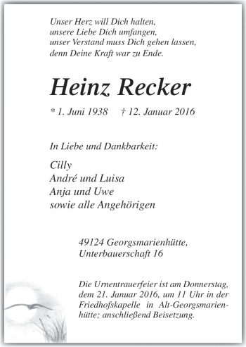 Traueranzeige von Heinz Recker von Neue Osnabrücker Zeitung GmbH & Co. KG