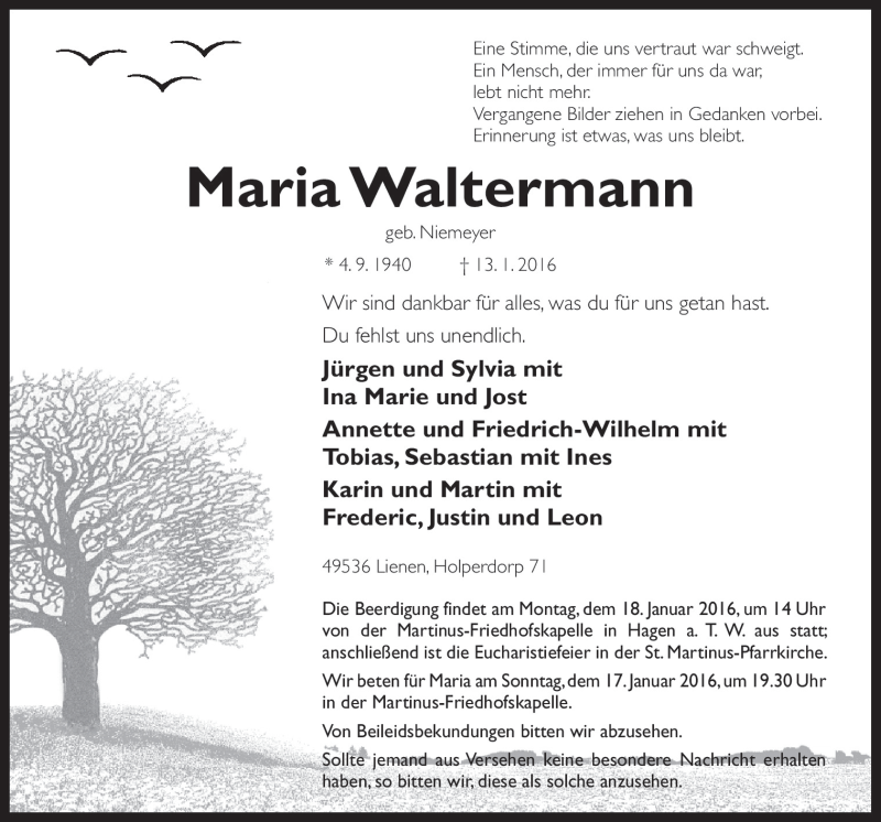  Traueranzeige für Maria Waltermann vom 16.01.2016 aus Neue Osnabrücker Zeitung GmbH & Co. KG