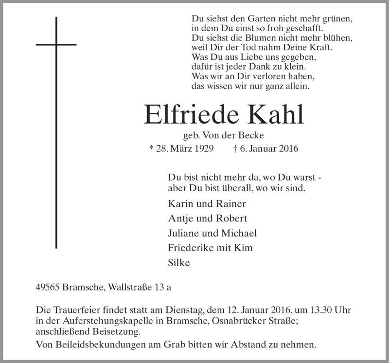  Traueranzeige für Elfriede Kahl vom 09.01.2016 aus Neue Osnabrücker Zeitung GmbH & Co. KG