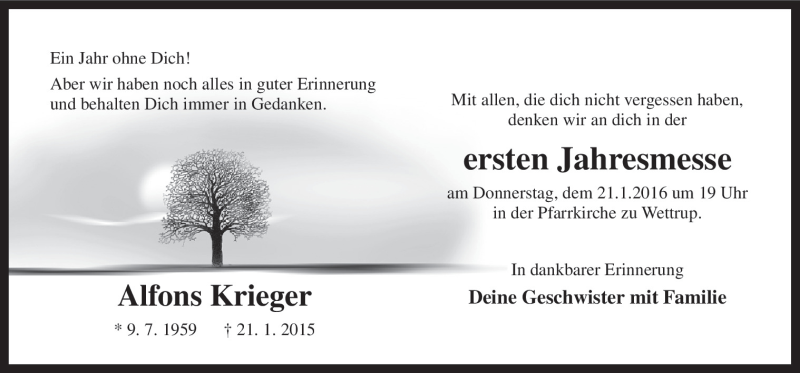  Traueranzeige für Alfons Krieger vom 16.01.2016 aus Neue Osnabrücker Zeitung GmbH & Co. KG