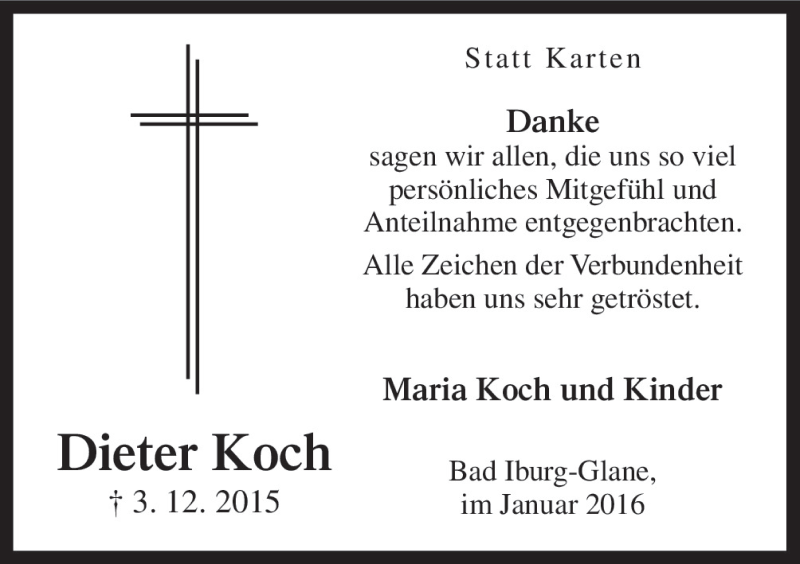 Traueranzeige für Dieter Koch vom 16.01.2016 aus Neue Osnabrücker Zeitung GmbH & Co. KG