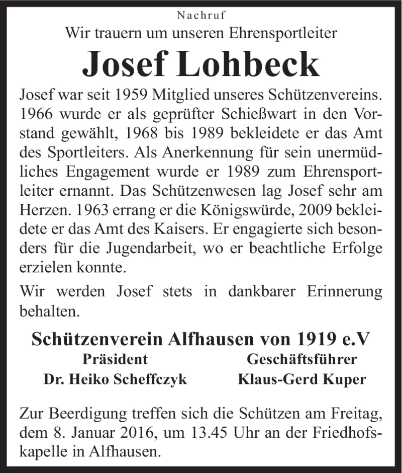  Traueranzeige für Josef Lohbeck vom 07.01.2016 aus Neue Osnabrücker Zeitung GmbH & Co. KG