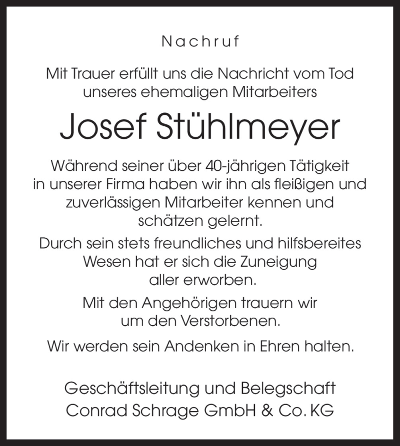  Traueranzeige für Josef Stühlmeyer vom 04.01.2016 aus Neue Osnabrücker Zeitung GmbH & Co. KG