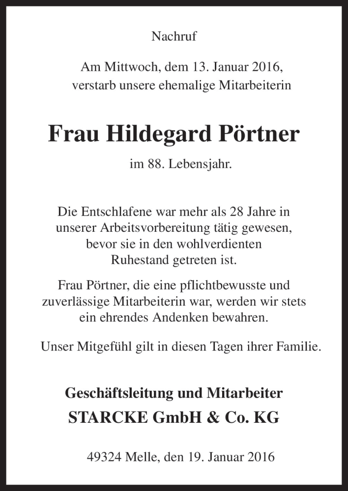 Traueranzeige für Hildegard Pörtner vom 19.01.2016 aus Neue Osnabrücker Zeitung GmbH & Co. KG