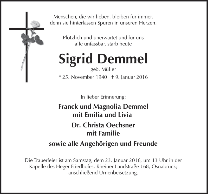  Traueranzeige für Sigrid Demmel vom 16.01.2016 aus Neue Osnabrücker Zeitung GmbH & Co. KG