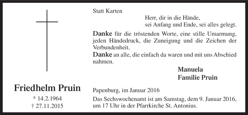  Traueranzeige für Friedhelm Pruin vom 07.01.2016 aus Neue Osnabrücker Zeitung GmbH & Co. KG