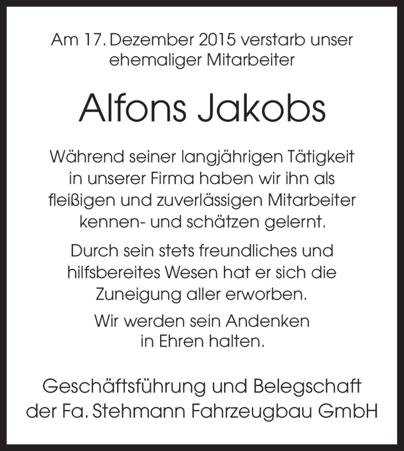  Traueranzeige für Alfons Jakobs vom 05.01.2016 aus Neue Osnabrücker Zeitung GmbH & Co. KG