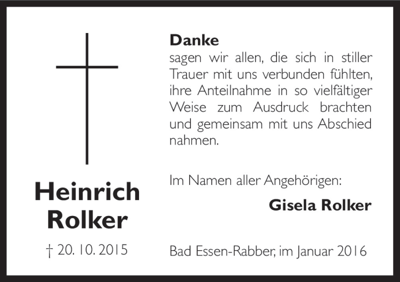  Traueranzeige für Heinrich Rolker vom 09.01.2016 aus Neue Osnabrücker Zeitung GmbH & Co. KG