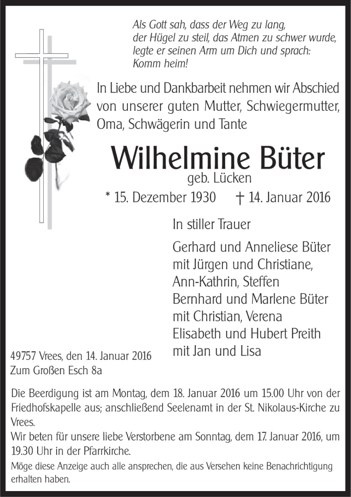  Traueranzeige für Wilhelmine Büter vom 16.01.2016 aus Neue Osnabrücker Zeitung GmbH & Co. KG