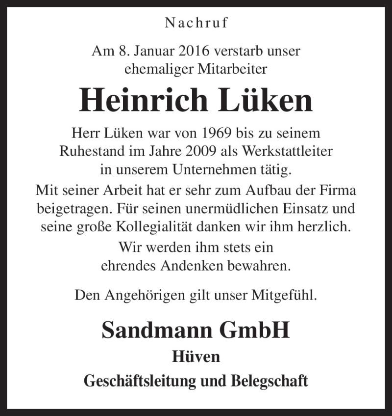  Traueranzeige für Heinrich Lüken vom 13.01.2016 aus Neue Osnabrücker Zeitung GmbH & Co. KG