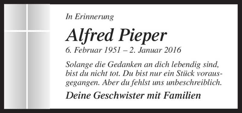  Traueranzeige für Alfred Pieper vom 09.01.2016 aus Neue Osnabrücker Zeitung GmbH & Co. KG