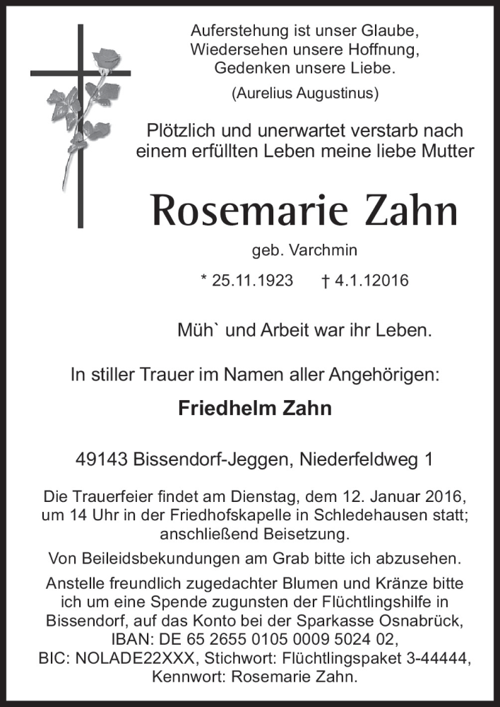  Traueranzeige für Rosemarie Zahn vom 08.01.2016 aus Neue Osnabrücker Zeitung GmbH & Co. KG