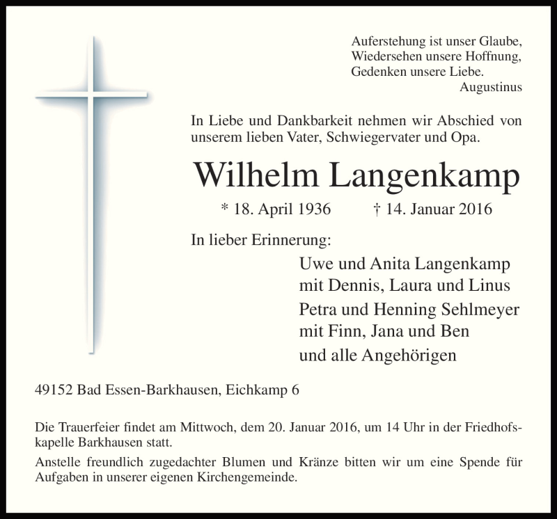  Traueranzeige für Wilhelm Langenkamp vom 16.01.2016 aus Neue Osnabrücker Zeitung GmbH & Co. KG
