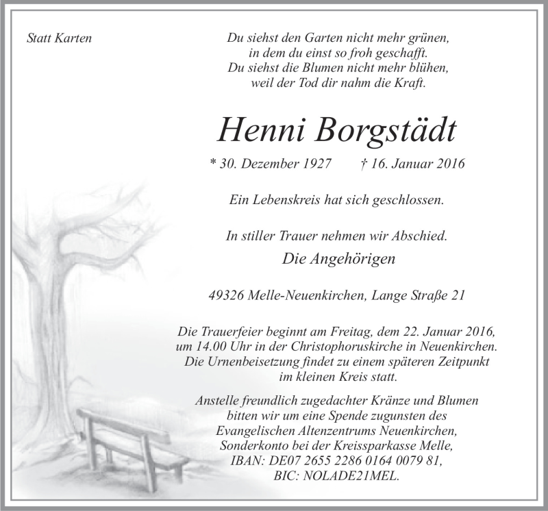  Traueranzeige für Henni  Borgstädt vom 19.01.2016 aus Neue Osnabrücker Zeitung GmbH & Co. KG