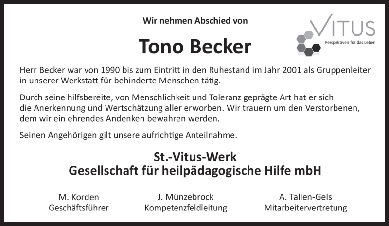  Traueranzeige für Tono Becker vom 08.01.2016 aus Neue Osnabrücker Zeitung GmbH & Co. KG