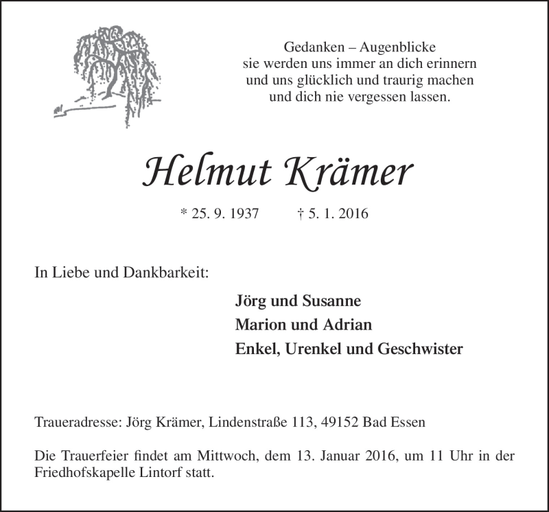  Traueranzeige für Helmut Krämer vom 08.01.2016 aus Neue Osnabrücker Zeitung GmbH & Co. KG