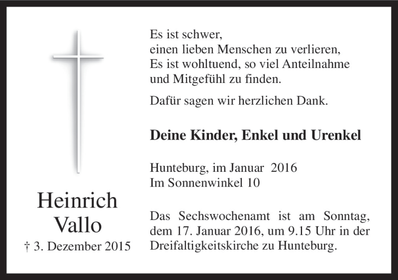  Traueranzeige für Heinrich Vallo vom 16.01.2016 aus Neue Osnabrücker Zeitung GmbH & Co. KG