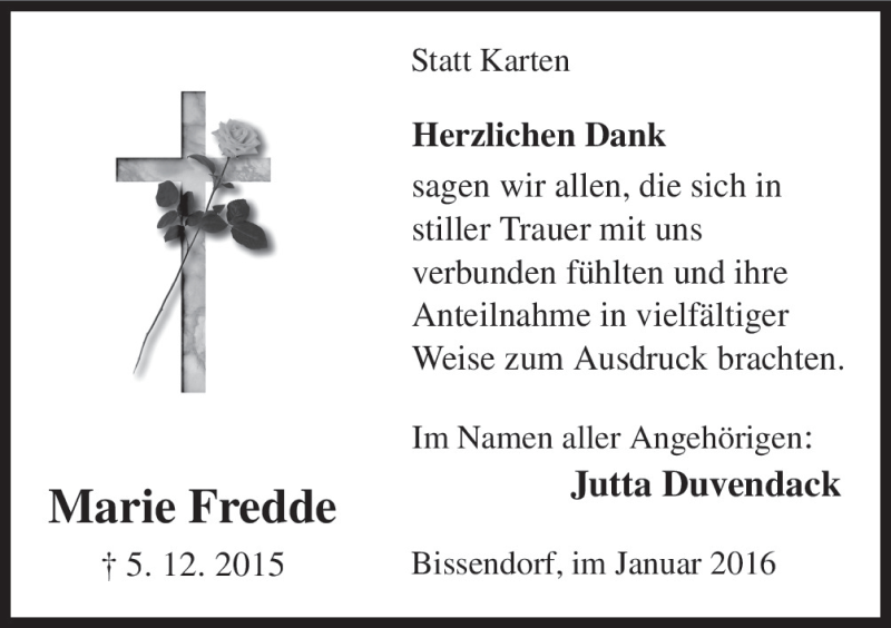  Traueranzeige für Marie Fredde vom 16.01.2016 aus Neue Osnabrücker Zeitung GmbH & Co. KG