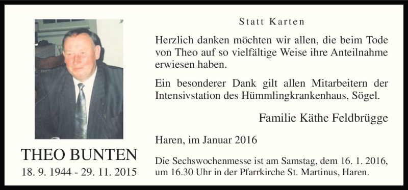  Traueranzeige für Theo Bunten vom 12.01.2016 aus Neue Osnabrücker Zeitung GmbH & Co. KG