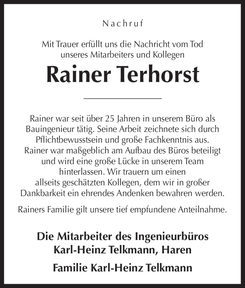  Traueranzeige für Rainer Terhorst vom 12.01.2016 aus Neue Osnabrücker Zeitung GmbH & Co. KG