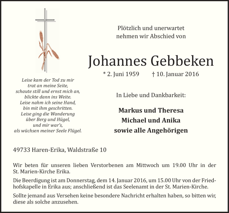  Traueranzeige für Johannes Gebbeken vom 12.01.2016 aus Neue Osnabrücker Zeitung GmbH & Co. KG