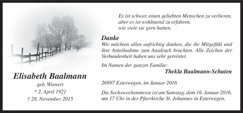  Traueranzeige für Elisabeth Baalmann vom 13.01.2016 aus Neue Osnabrücker Zeitung GmbH & Co. KG