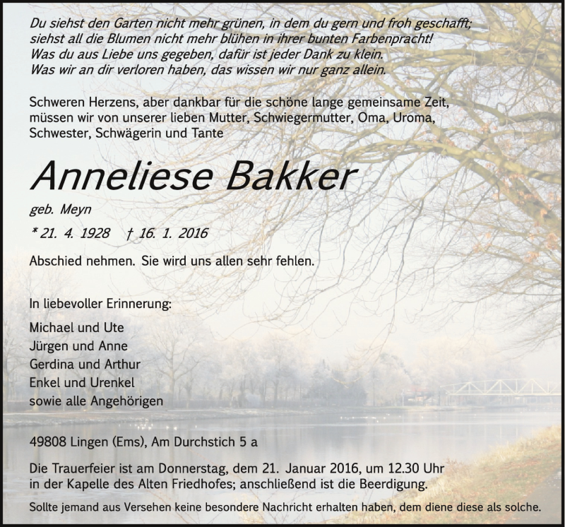  Traueranzeige für Anneliese Bakker vom 19.01.2016 aus Neue Osnabrücker Zeitung GmbH & Co. KG