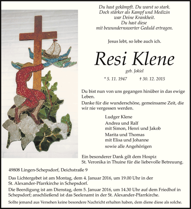  Traueranzeige für Resi Klene vom 02.01.2016 aus Neue Osnabrücker Zeitung GmbH & Co. KG