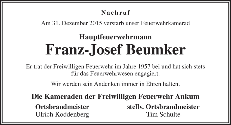 Traueranzeige für Franz-Josef Beumker vom 06.01.2016 aus Neue Osnabrücker Zeitung GmbH & Co. KG